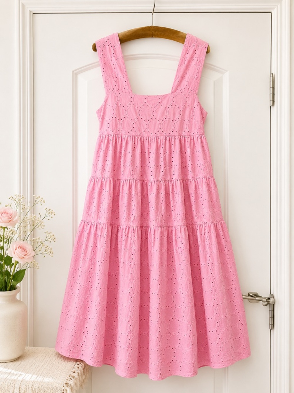 By Anthropologie Pink Eyelet Tiered Midi Dress 100% Cotton Petite Small SP
